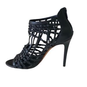 Black Strappy Cage Woven Sexy Black Heels Size 37.5 Elie Tahari Leather Zip Back
